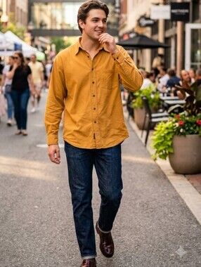 Vintage 90s/Y2K Fubu Collection long-sleeve button-up rich mustard yellow